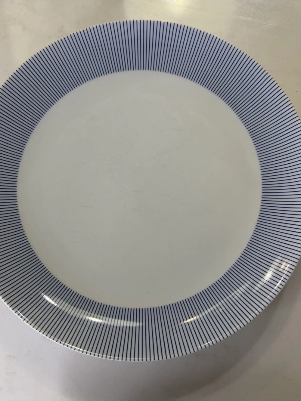 6 Crate&Barrel White Dinner Plates with Navy Pinstripe Rim